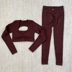 Ribbed Brown Activewear Matching Workout Leggings Set M
